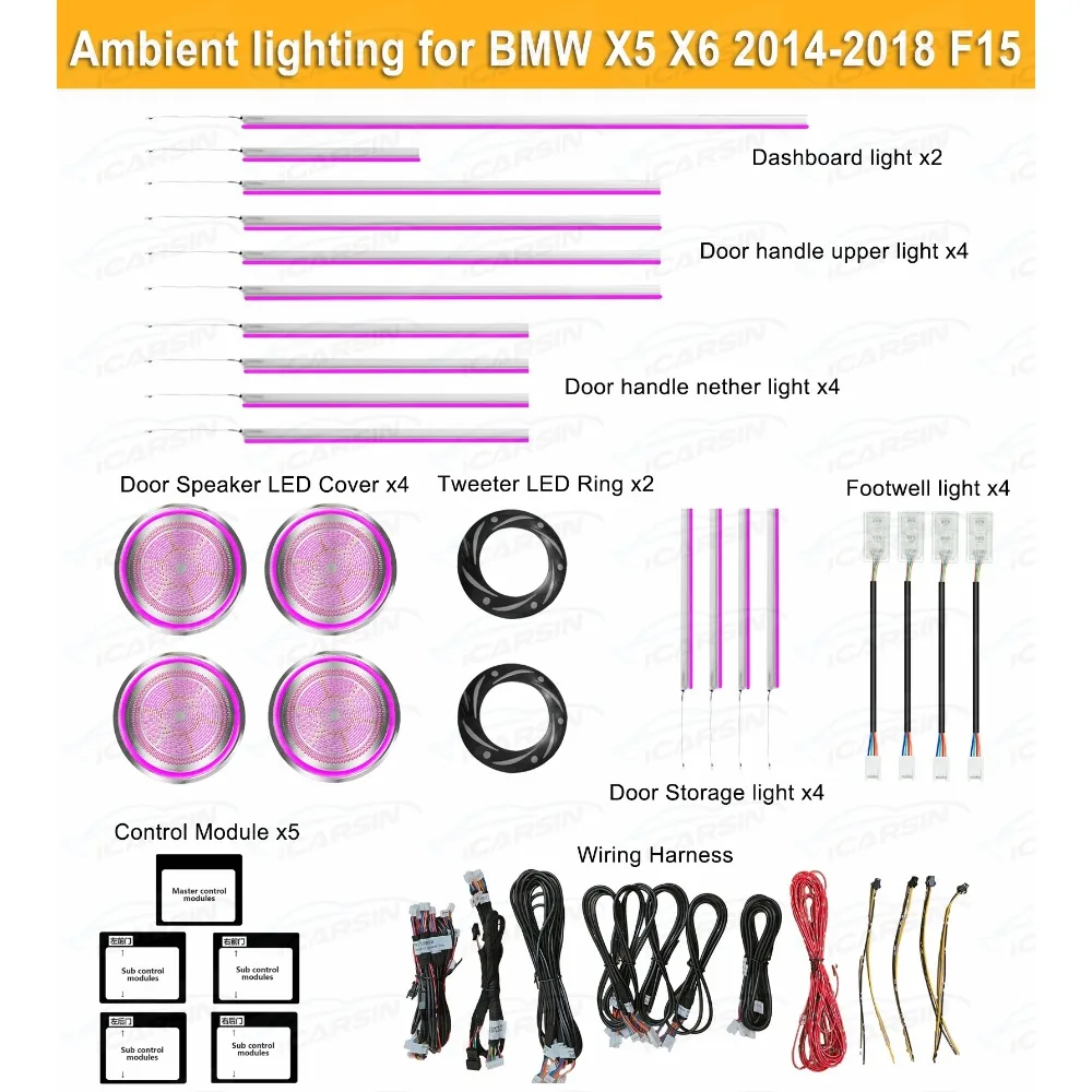 

64-цветное окружающее освещение для BMW X5 X6 F15 F16 2014-2018, внутреннее освещение, светодиодная крышка динамика двери, аксессуары