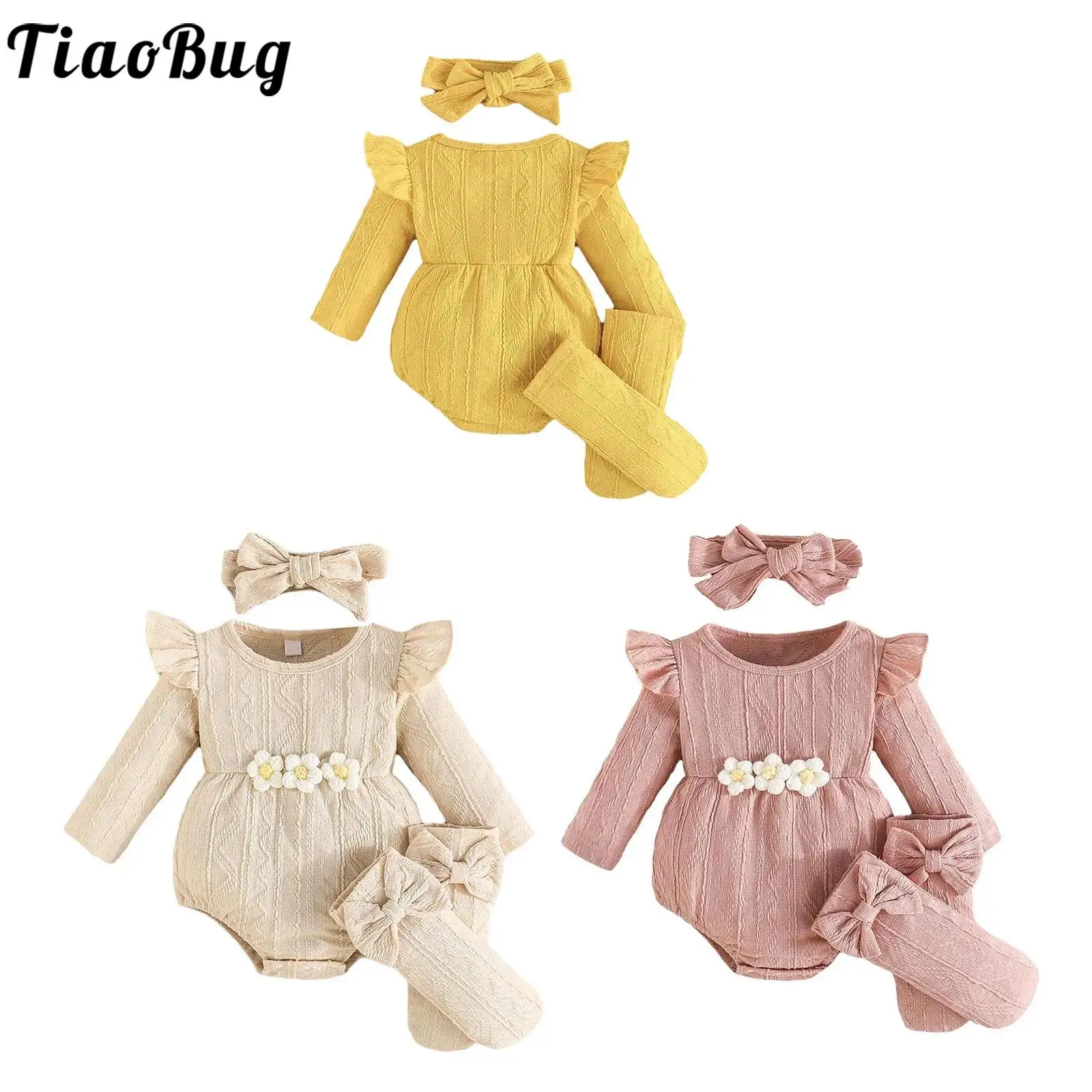 

Baby Flower Girls Outfits Cable Knit Long Sleeves Rompers Bow Hairband Socks Wedding Birthday Party Photo Shoots Infant Clothes
