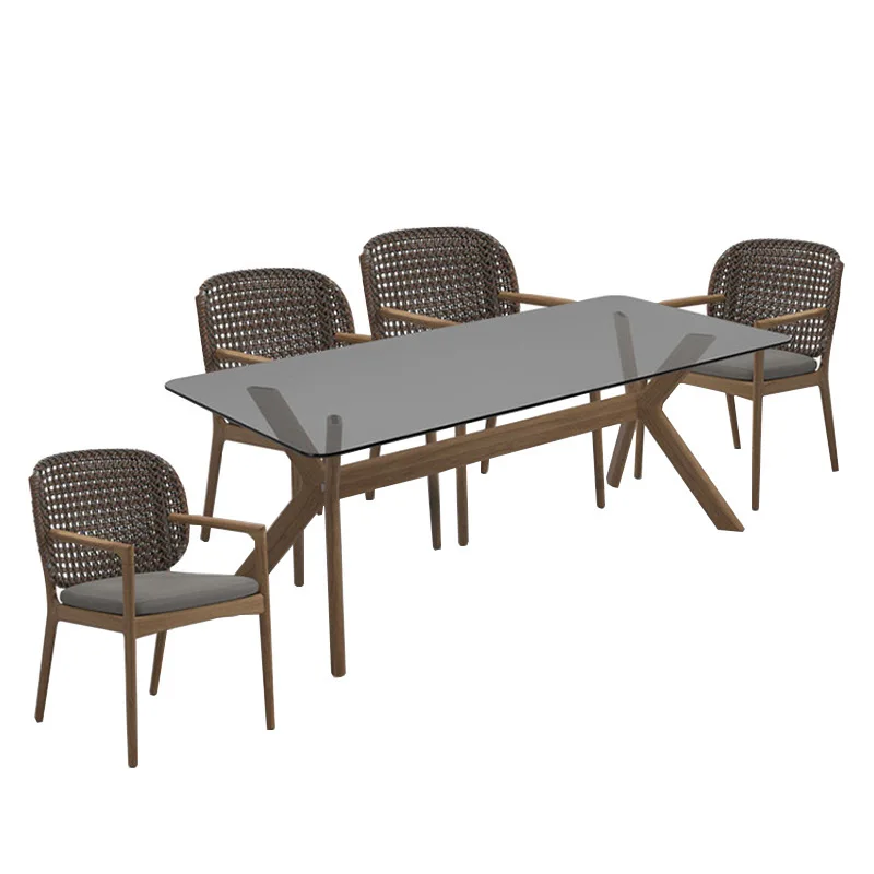 he-Custom Waterproof Teak Rattan Outdoor Garden Furniture Elegant Balcony Tables and Chairs Set for Dining Courtyard Sunscreen