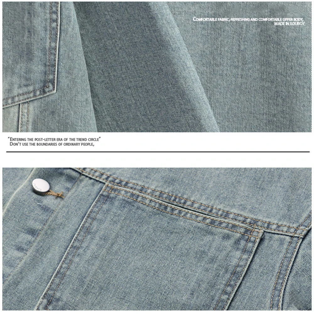 Retro PU Leather Collar Denim Jacket Men's Single Breasted Street Style Loose Long Sleeve Casual Outerwear Denim Coat For Autumn