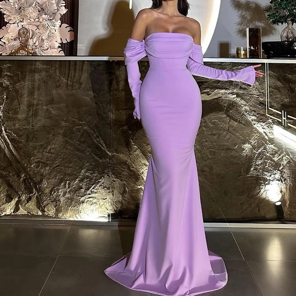 

Lavender Mermaid Jersey Sexy Strapless Sweep Train Evening Dress Simple pleats Long Sleeves Off the Shoulder Floor Length Gowns