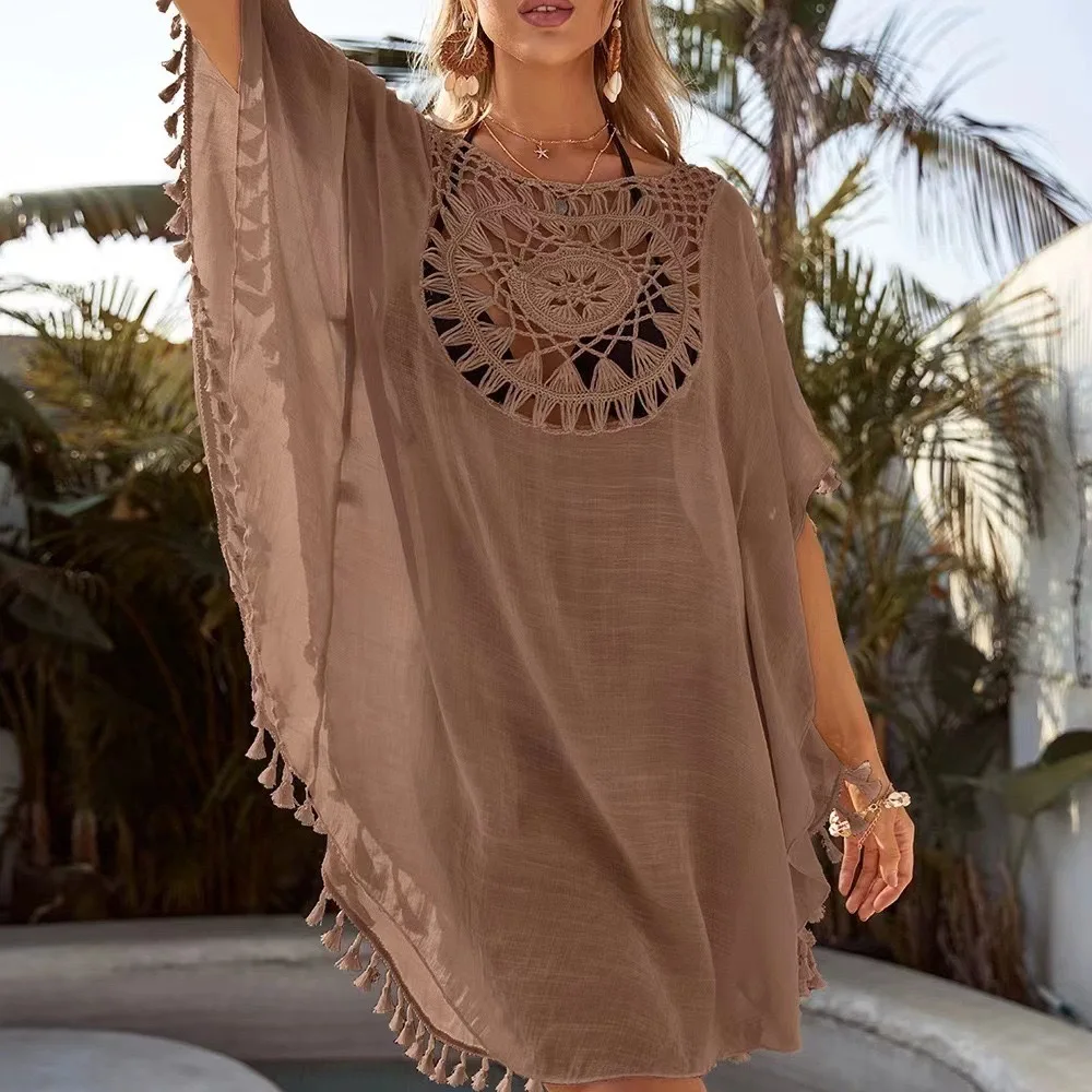 Dames gebreide zonnebloem strand cover-up franje tuniek badpak cover-up - dames bikini strandkleding