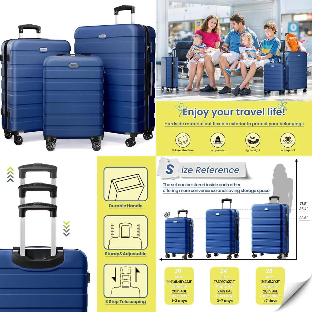 

Lightweight 3-Piece Hardshell Suitcase Set with 4 Spinner Wheels, TSA Lock, and ABS Material for Travel