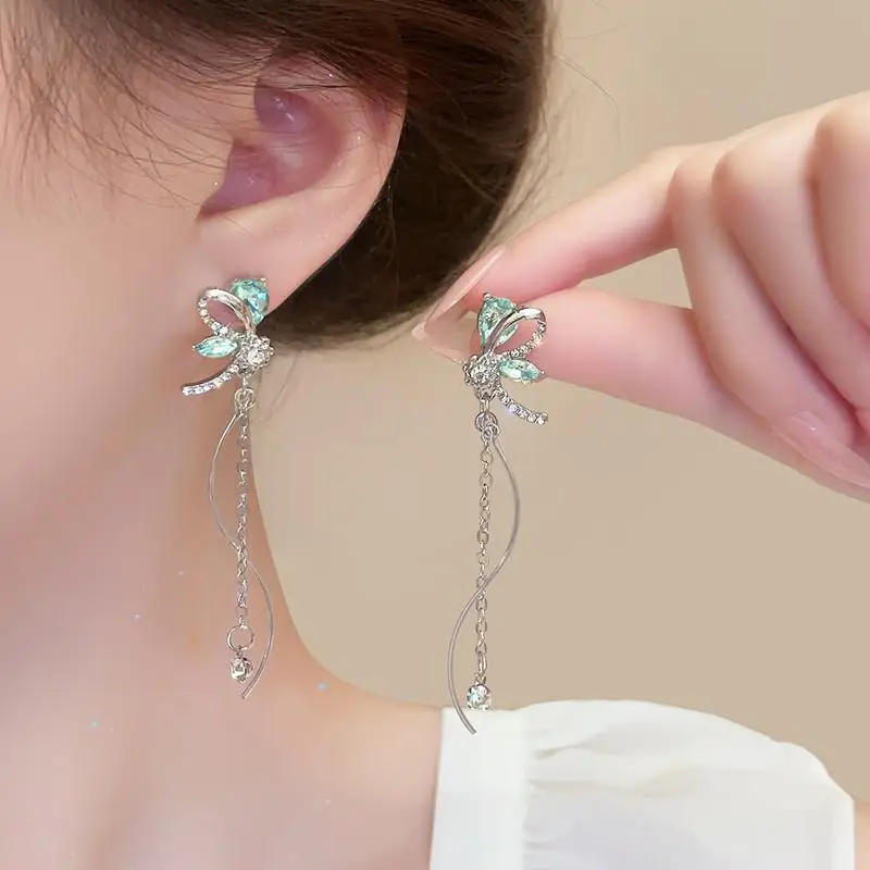 Korean Dragonfly Tassel Earrings Sweet Shiny Rhinestone Long Tassel Ear Clips Wedding Jewelry