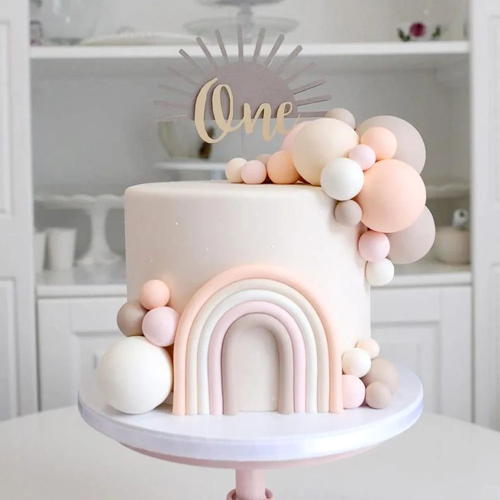 Boho Rainbow Cake Toppers Khaki Pink Balls Cake Decoration DIY Bohemian Wedding Baby Shower Girls Birthday Party Supplies