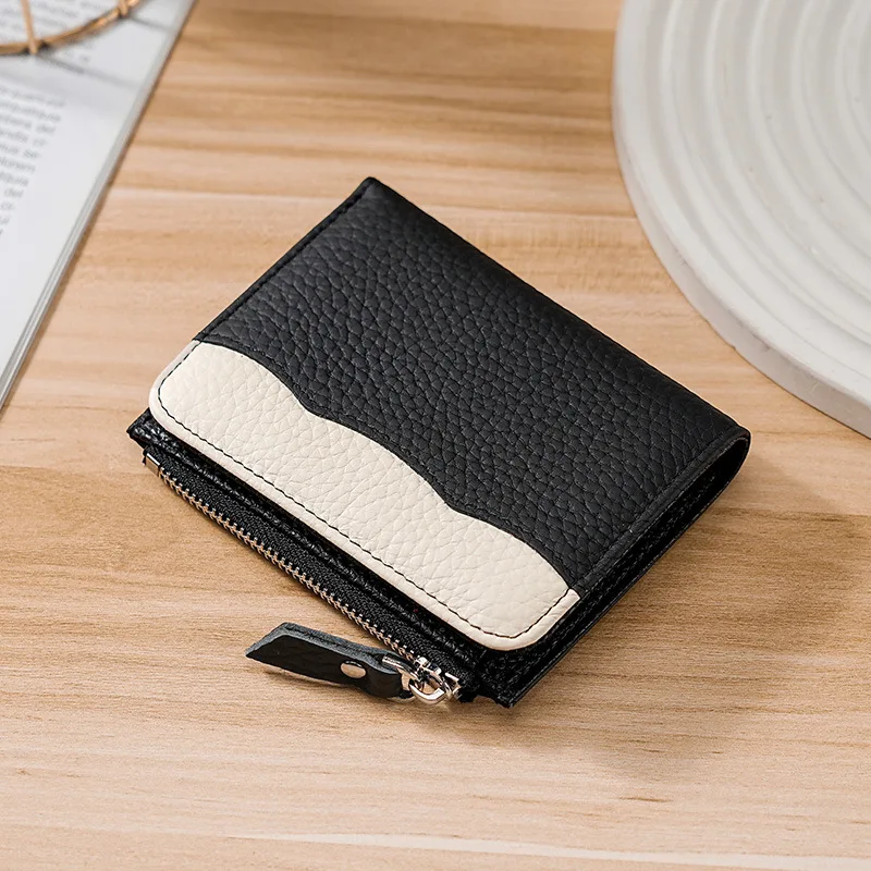 

Small Wallets for Women Leather RFID Blocking Bifold Zipper Pocket Wallet Card Case Black white Purse with ID Window