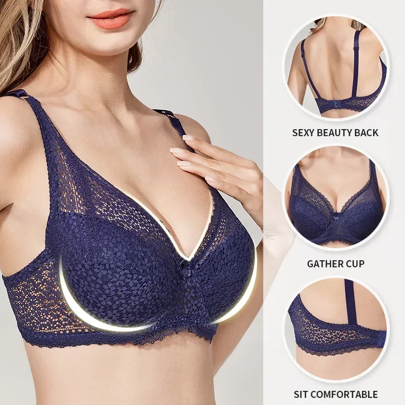 Underwear Adjustment Type Thin Large Chest Show Small  Gathered Women\'s Large Lace Steel Band Bra