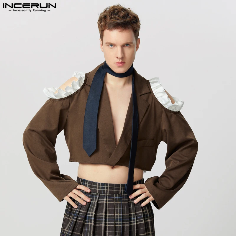 Fashion Casual Style Tops INCEURN Handsome Men's Cropped Hollow Suit Coat Male Sexy Spliced Flounce Pleated Long Sleeved Blazers