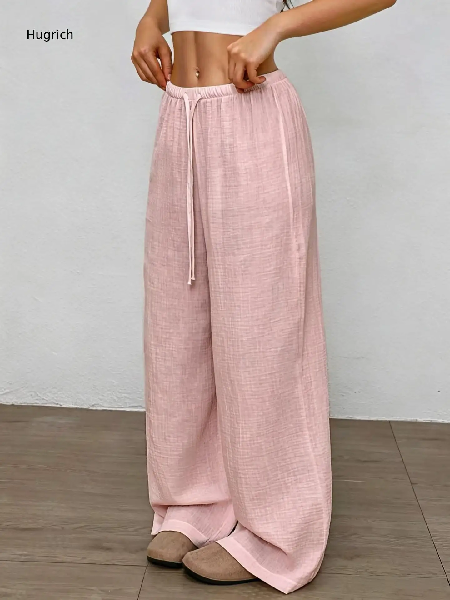 Women Beige Crinkle Linen Drawstring High Waist Wide Leg Pants Lightweight Loose Vacation Palazzo Trousers