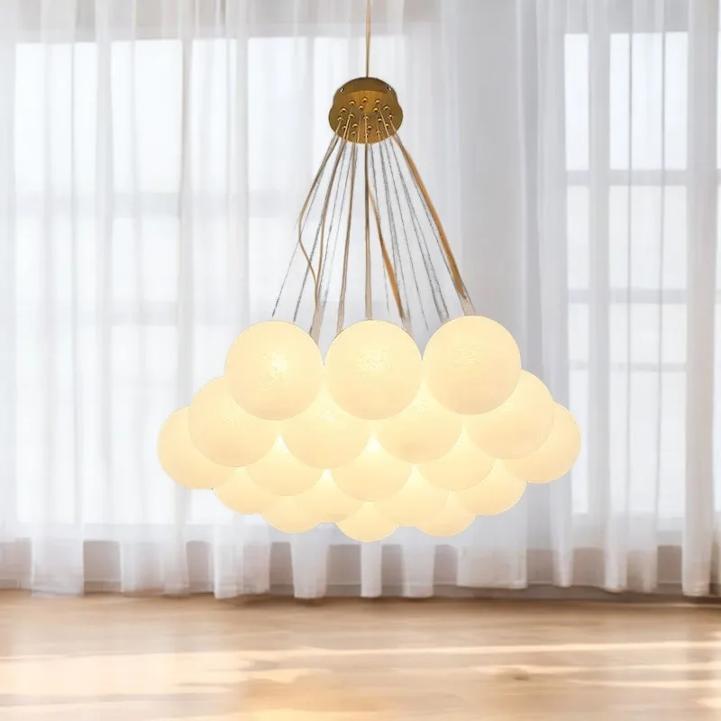 Modern Cream Style White Glass Ball Chandelier Creative LED Bubble Chandelier For Living Room Bedroom Nordic Moon Planet Lamp