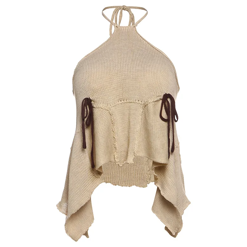 

2025 Summer New Women's Clothing Hollowed Out Slim Fit Hanging Neck Tie With Exposed Navel Camisole Vest For Women