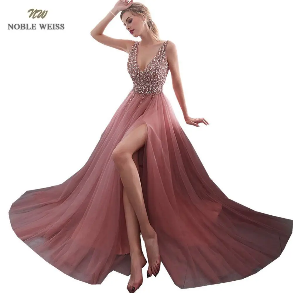 

NOBLE WEISS V-neck Evening Gown 2023 Sexy Crystal Beading Split Tulle Prom Dress Floor Length Evening Dress vestido longo festa