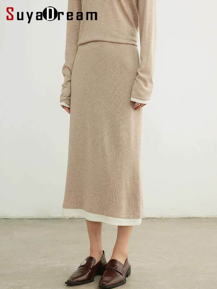 SuyaDream, Women Long Skirt, 32.4%Sheep Wool, Solid Woolen Knitted Skirts, 2024 Autumn Winter Warm Under Dress, Grey, Khaki