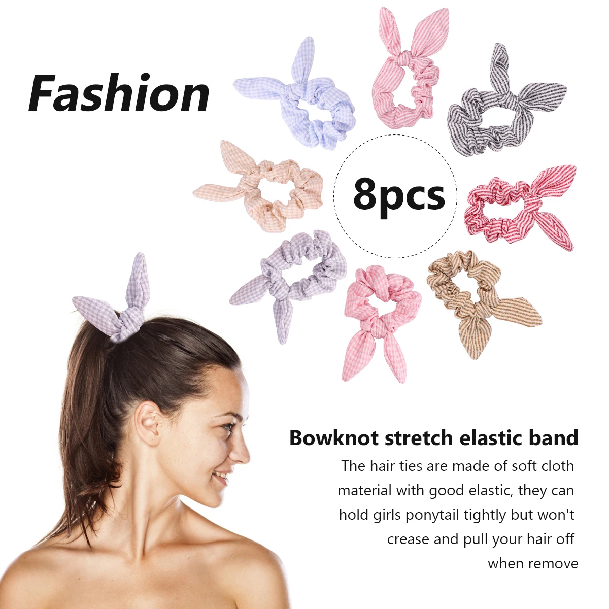 

8 pcs Rabbit Ears Bands Bowknot Stretch Elastic Bands For Women Decorative Ponytail Holders Non-Damaging Hair Ties