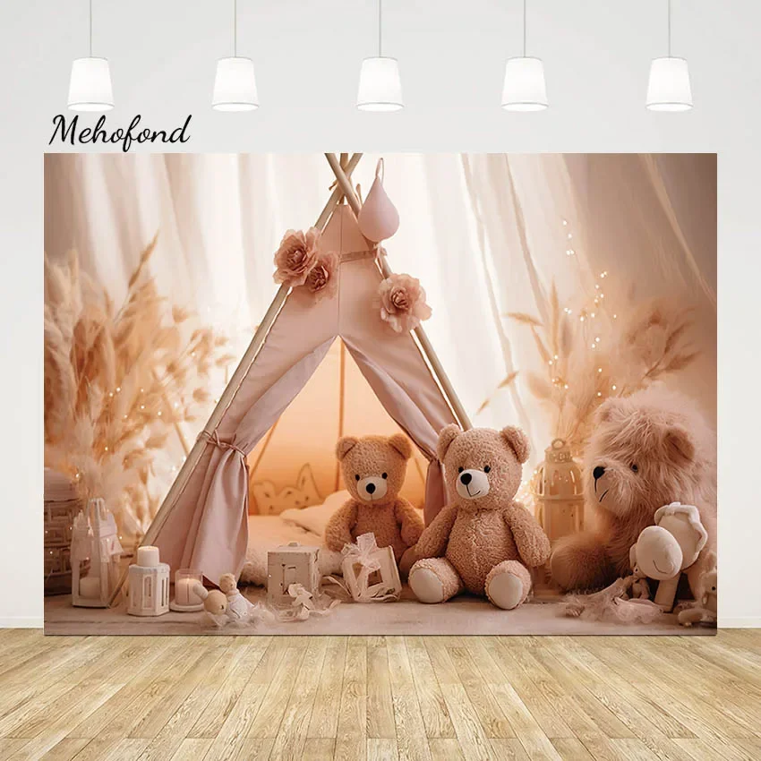 Mehofond Photography Backdrop Pink Toy Bear Camping Tent Newborn Bithday Party Boho Pampas Cake Smash Decor Background Studio