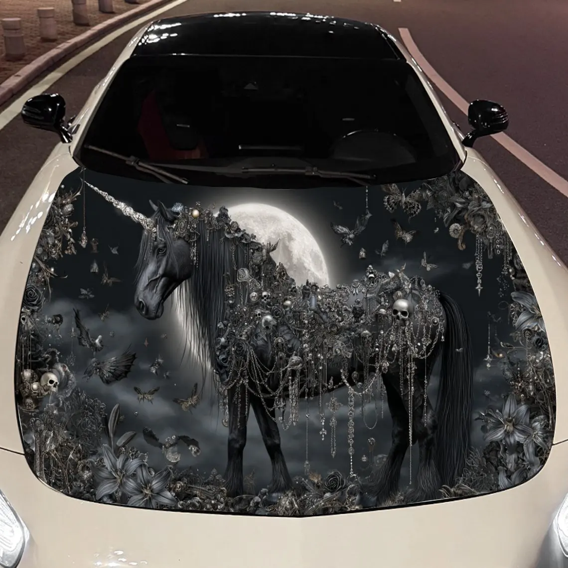 

Dark Unicorn Beast Car Vinyl Wrap, PVC Material Waterproof Car Hood Sticker, Self-Adhesive Scratch-Resistant Stickers for Engine
