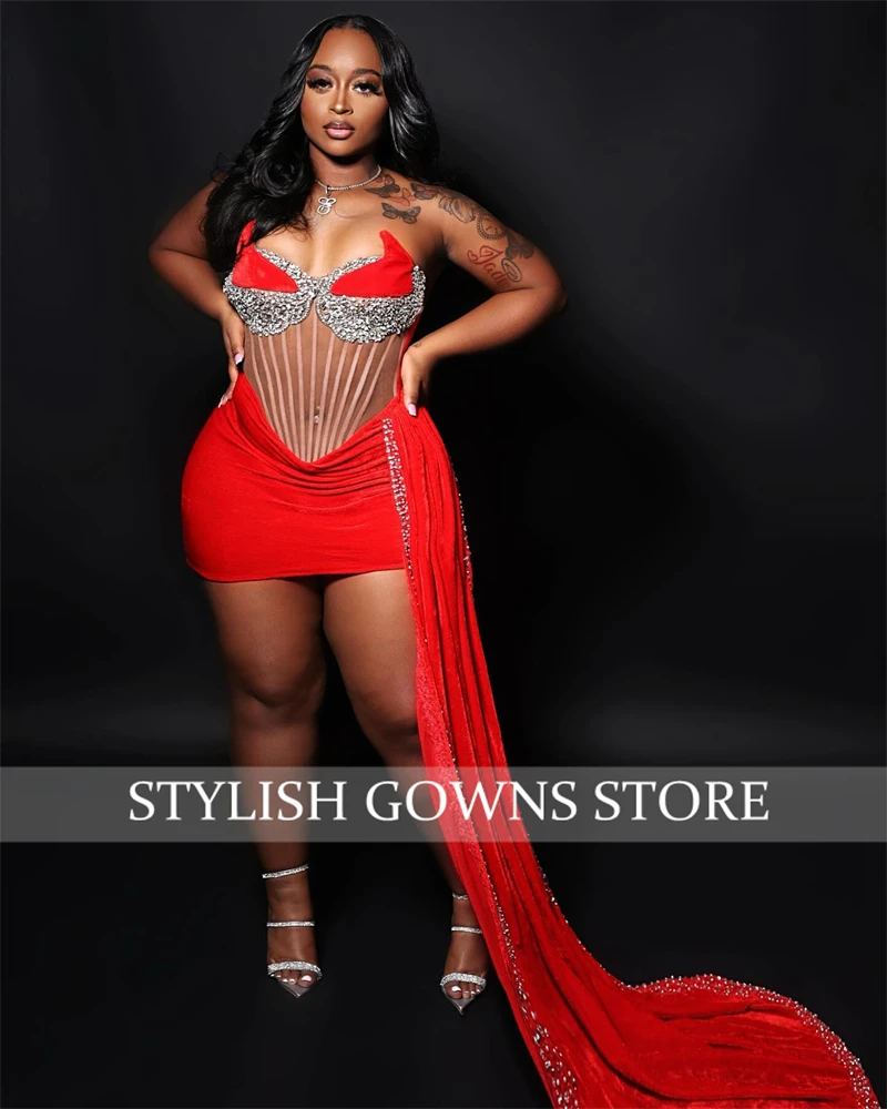 Red Strapless Short Prom Dresses Black Girls Bead Crystal 2024 Birthday Luxury Dress Mini Cocktail With Side Train Customized