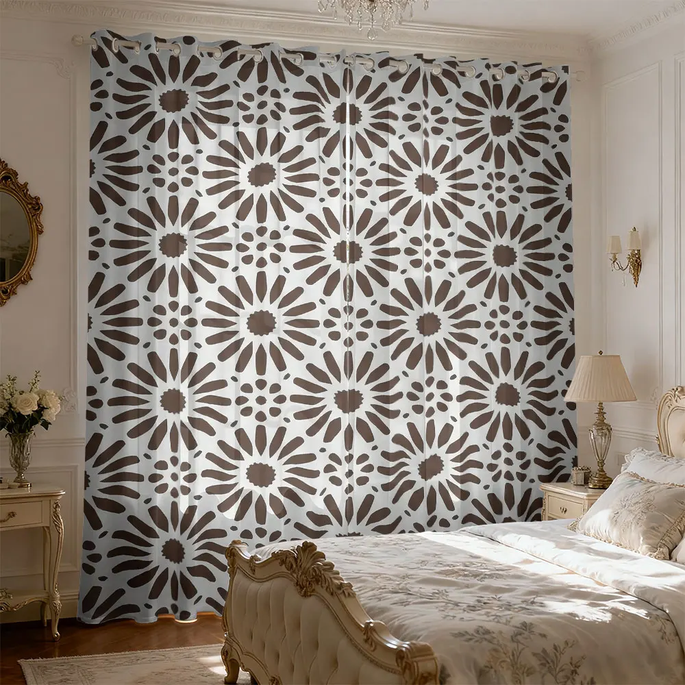 2pcs Retro Brown Sunflower Print Curtains With Holes Double Sided For Living Room Bedroom Window Light Blocking Decoration