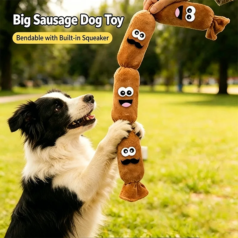Sausage Shaped Squeaky Plush Dog Toy Teeth Cleaning Molar Chew Toy Interactive Self Play Toy For Small Medium Large Dogs