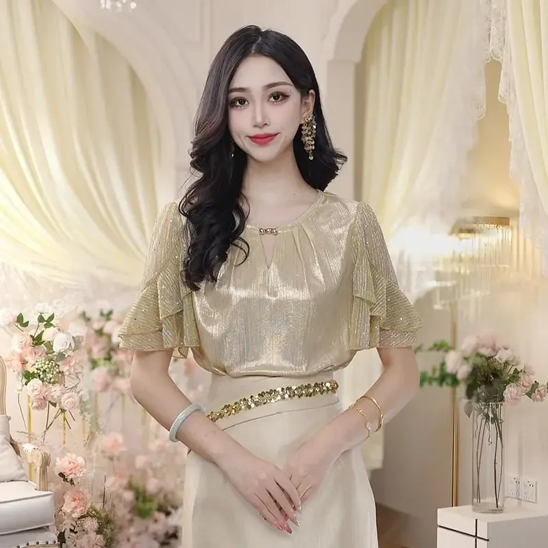 

Шифоновая рубашка цвета шампанского с золотым листом лотоса и короткими рукавами, женский темпераментный топ, модная шикарная маленькая рубашка высокого класса