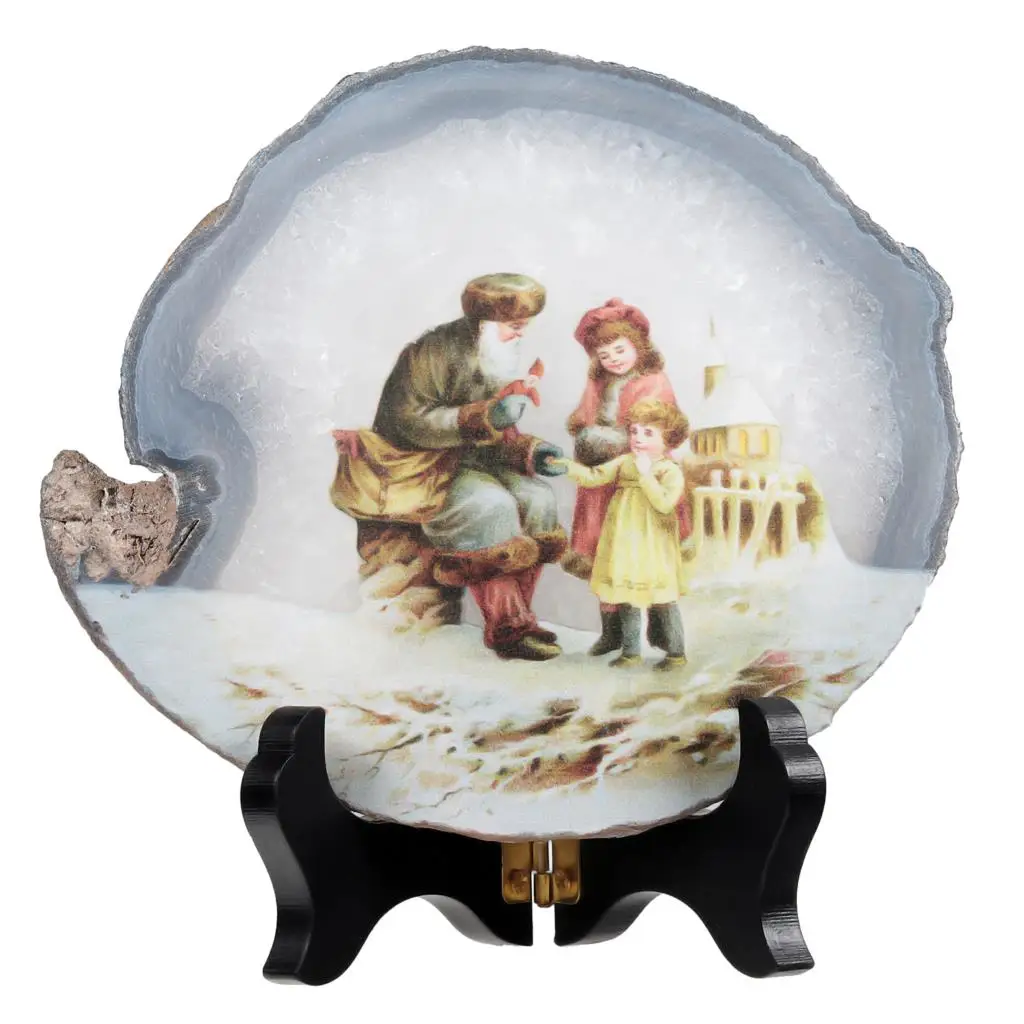 

TUMBEELLUWA Fairy Tale Snow Scene Natural Irregular Agate Slices Ornaments With Wooden Stand Christmas Gift Home Decoration