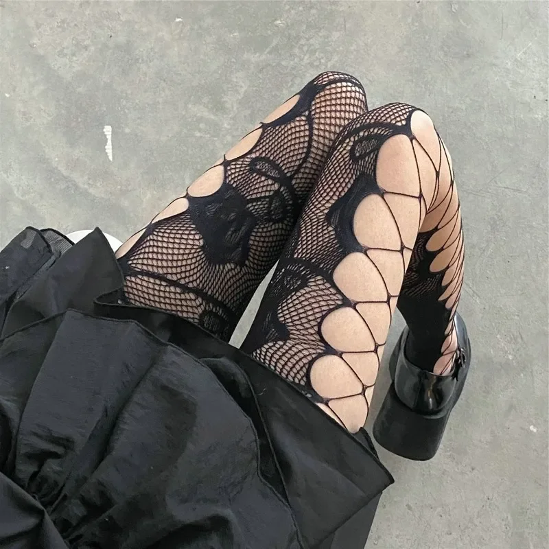 Gothic Hollow Out Rose calze a rete JK Lolita collant a rete donna Sexy Bottomed collant Punk Streetwear Leggings calze