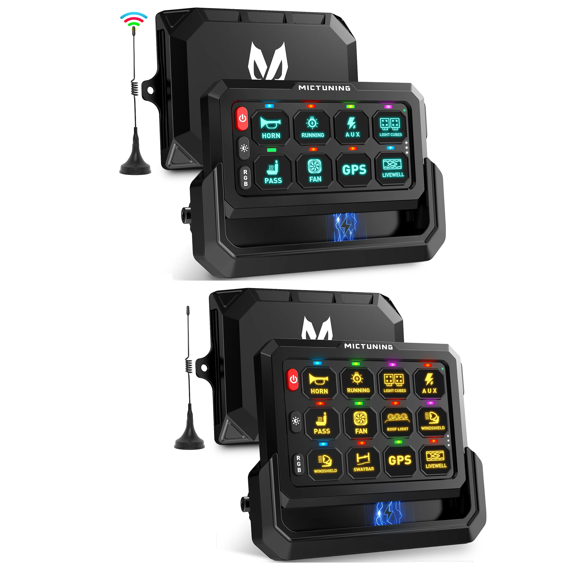 

MICTUNING 328 Ft Wireless RGB 12 Gang Switch Panel Universal Circuit Control Relay System Box Toggle Momentary Strobe Switch