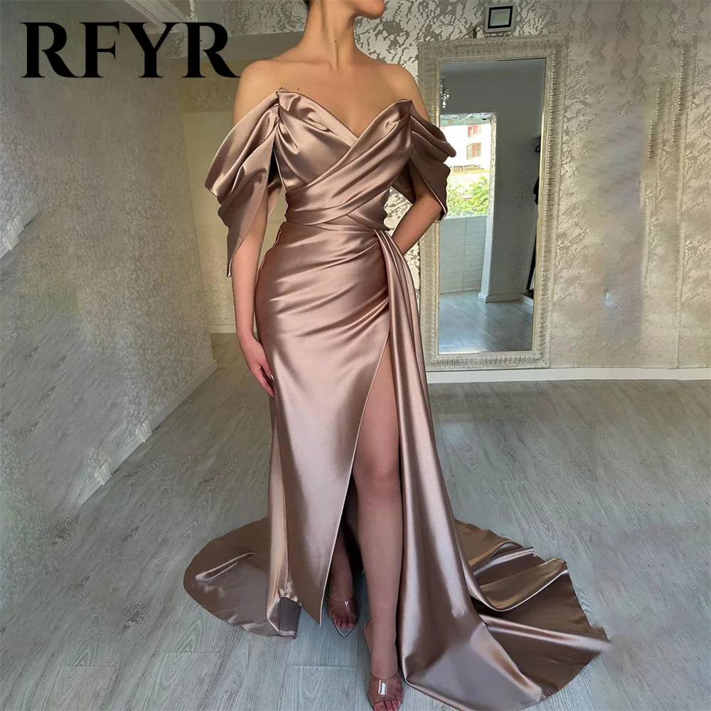 RFYR Pleat Stain Mermaid Evening Dresses Off the Shoulder V Neck Formal Dresses Side Split robes du soir Sexy Party Dresses