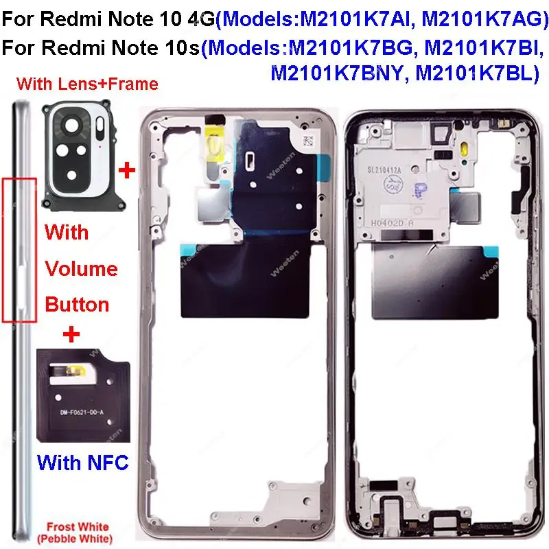 Middle Frame Housing For Xiaomi Redmi Note 10 Note 10S 4G Middle Frame Bezel Holder Cover with Side Buttons Camera Lens NFC Part