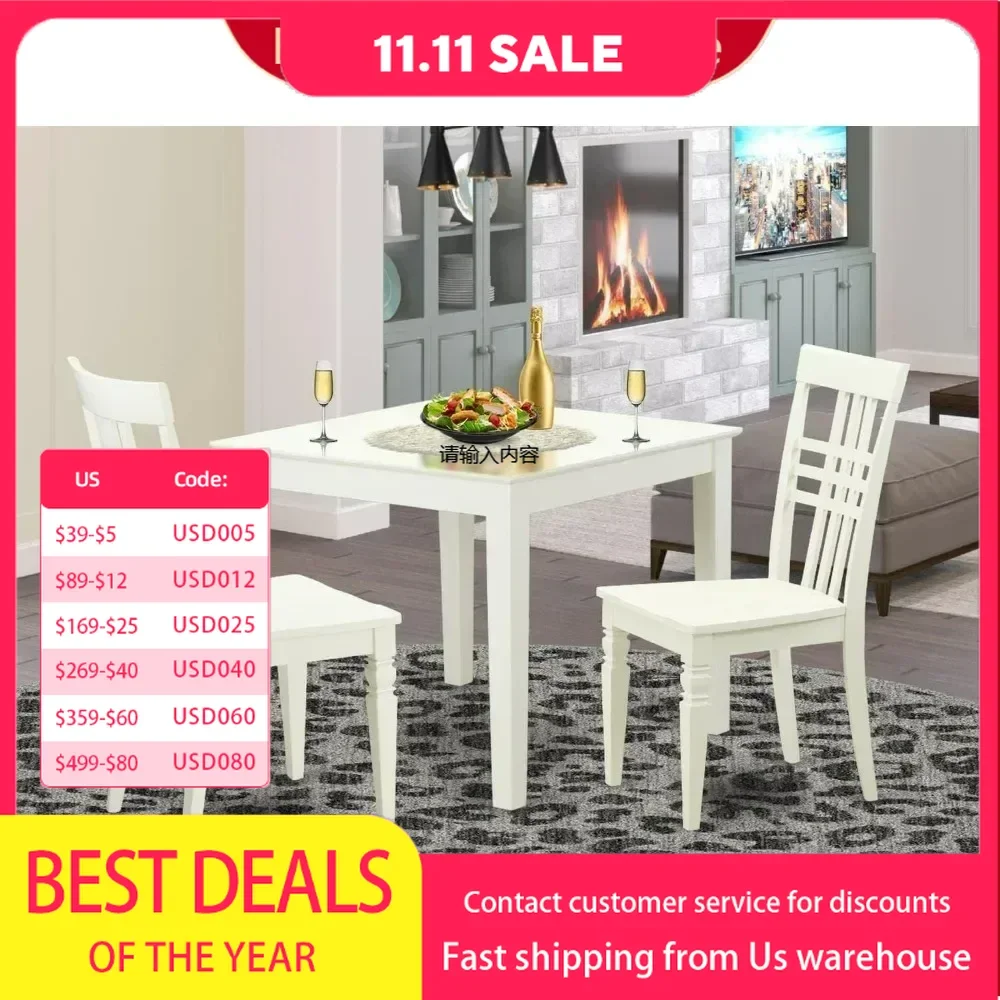 Dining Tables Oxford 3 Piece Set Contains a Square Dinner Table and 2 Kitchen Dining Chairs, 36x36 Inch, Linen White