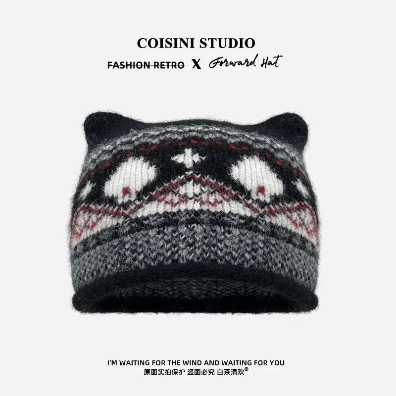 Neue Strickmütze im Fair Isle-Stil mit Katzenohren für Herren und Damen, warm und niedlich, mit Ohrenschutz, ideal für Herbst und Winter. – Detail 5
