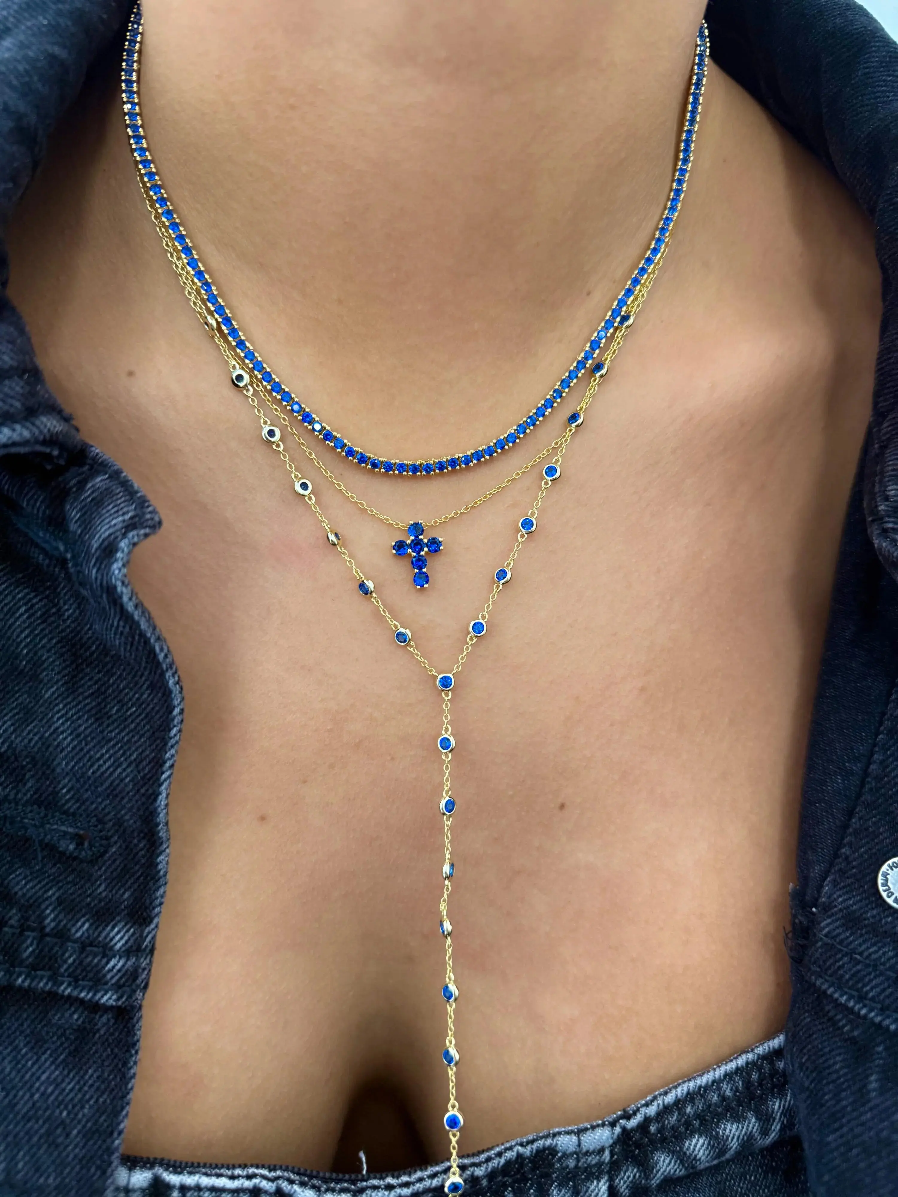 Gold Color Blue Sapphire Cubic Zirconia Jewelry Set Three Layers Choker Y Lariat Fashion Women Necklaces