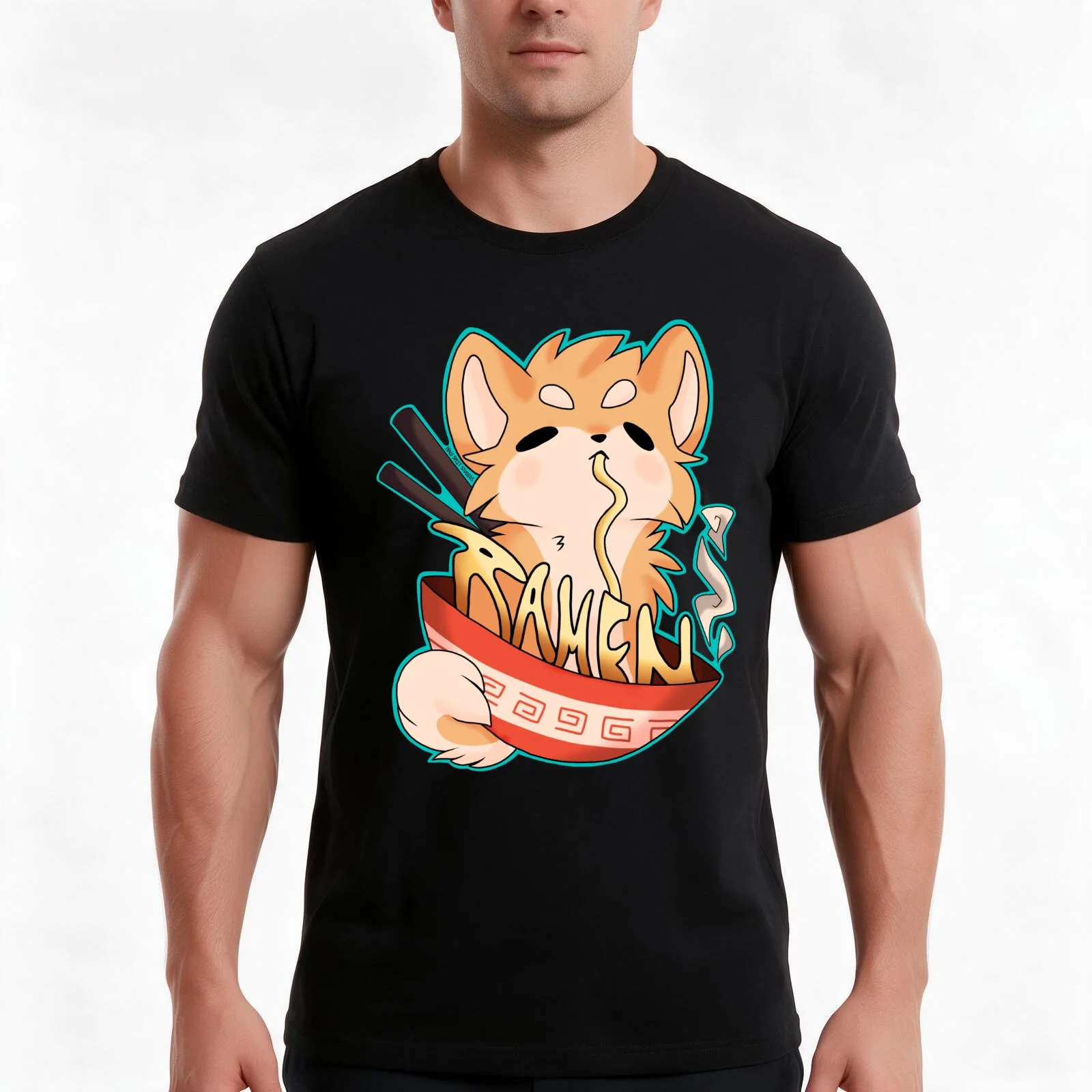 Ramen Pup T-Shirt, Summer Casual Cotton Tee, Oversized Streetwear Tops, Vintage Graphic Print, Loose Fit Short Sleeve