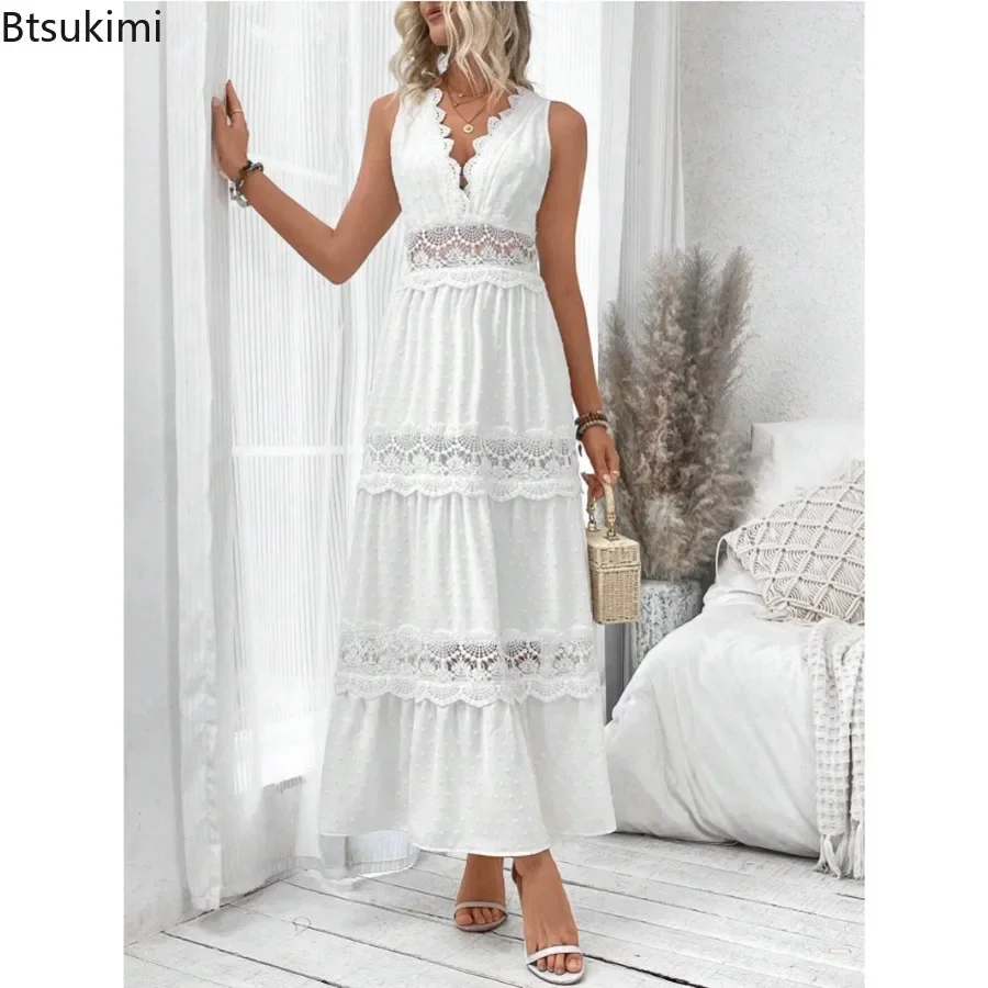 

2025 New Fashion Lace Splice Hollow Out Maxi Dresses Women's Sleeveless Deep V Neck Elegant White Dress A-line Summer Long Dress