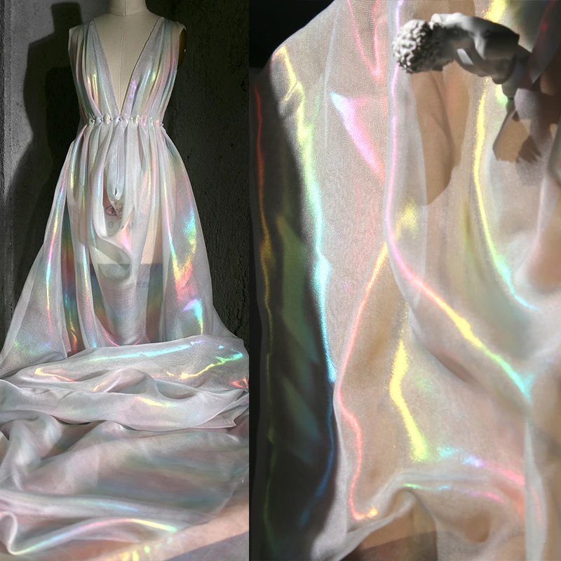 Laser gradient soft white yarn high-end clothing fabric blended skirt material wedding dress fabric