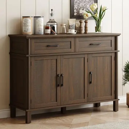 48 Inch Buffet Cabinet with Storage, Farmhouse Sideboard Buffet w/2 Drawers and 3 Doors, Wood Coffee Bar Cabinet with