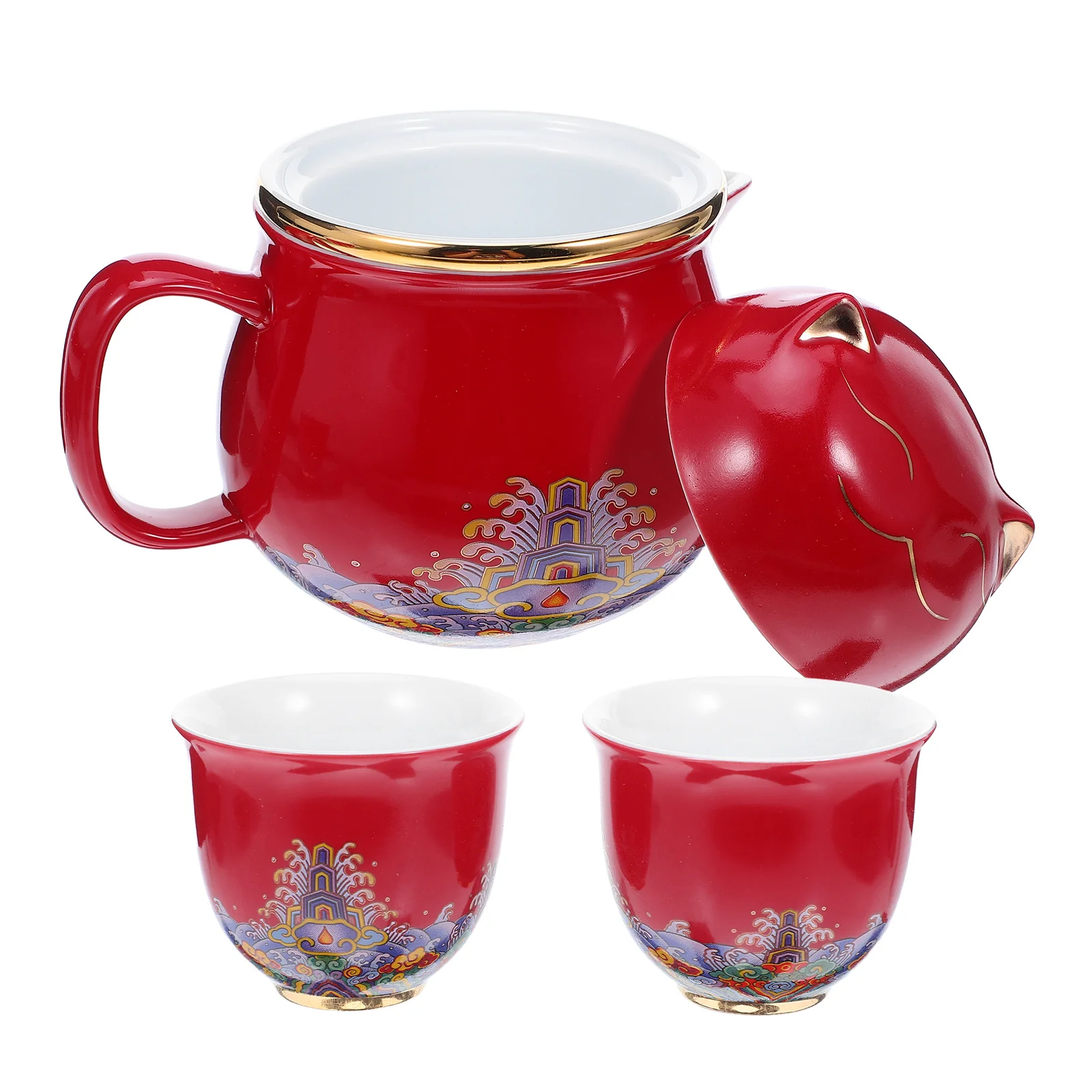 

1Set Porcelain Gongfu Tea Set Chinese Ceramic Lucky Cat Gold Detailing Teapot Two Cups Portable Travel Office Kit