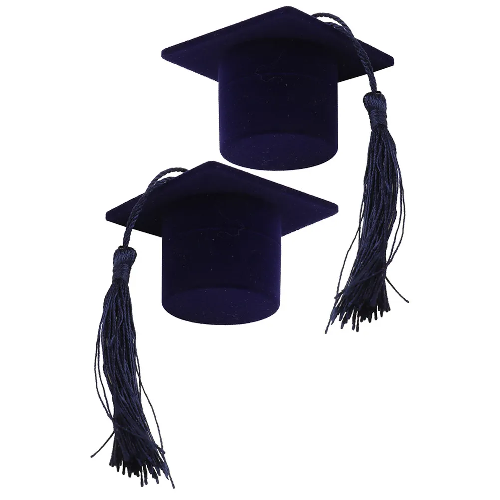 

2pcs Doctoral Hat Shaped Ring Boxes Flocking Jewelry Display Case Graduation Gift Box Storage Organizer For Party