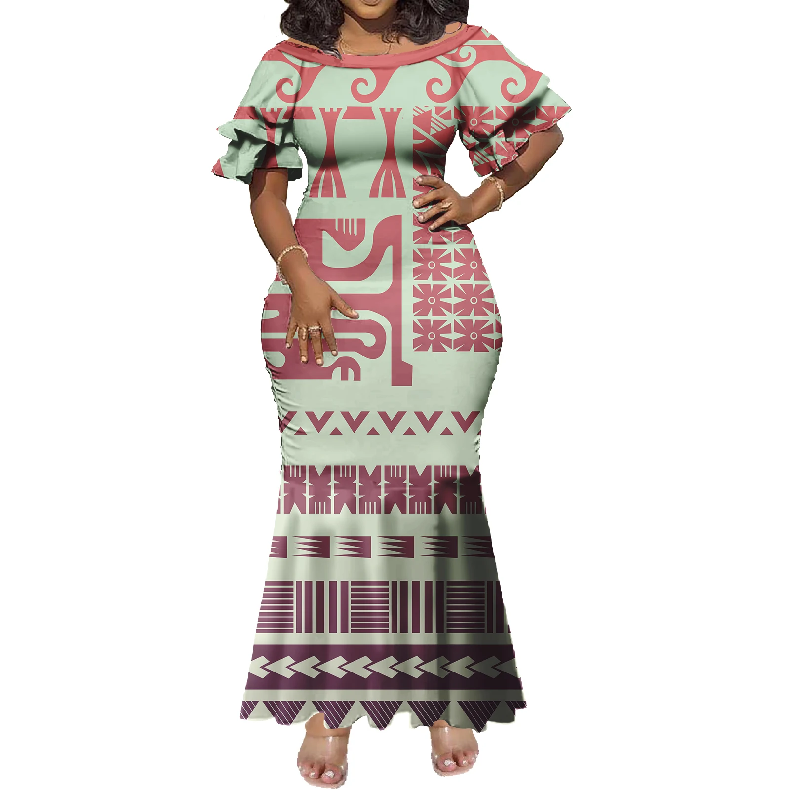 

Latest Models Polynesian Elei Tribal DesigncWoman Double Cuff Fishtail Dress