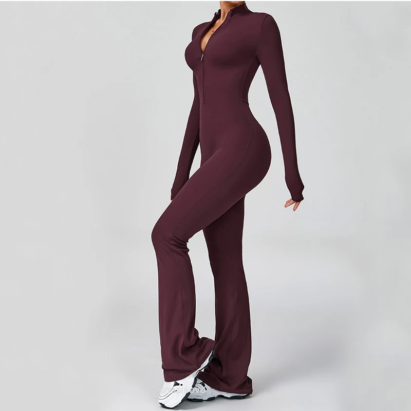 VITALINOVO Damen-Overall mit langen Ärmeln, Flare-Workout-Overall, Reißverschluss, Strampler, Hose, weites Bein, Ganzkörper-Body, figurbetont, einteilig – Detail 17