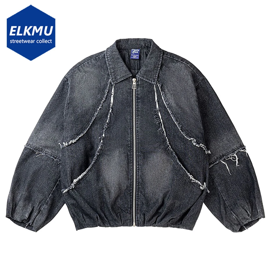 

Men's Vintage Splicing Denim Jackets Harajuku Streetwear Hip Hop Oversized Jacket Zipper Coat Man Retro Loose Zipper Jacket