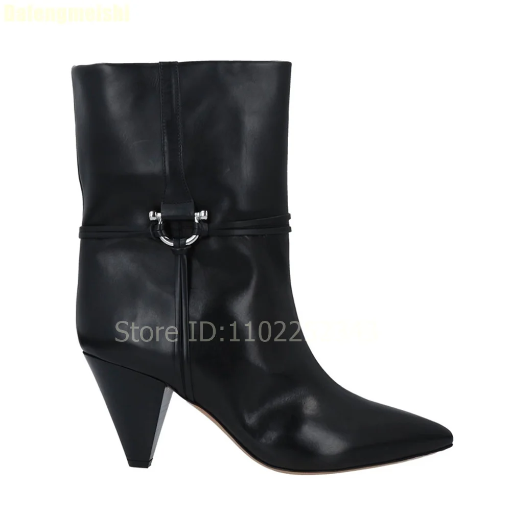 

2026 Winter New Fashion Boots Pointed Roman Metal Buckle Ankle Strap Spike Heels Short Women's Boots Black/grey Leather Boots