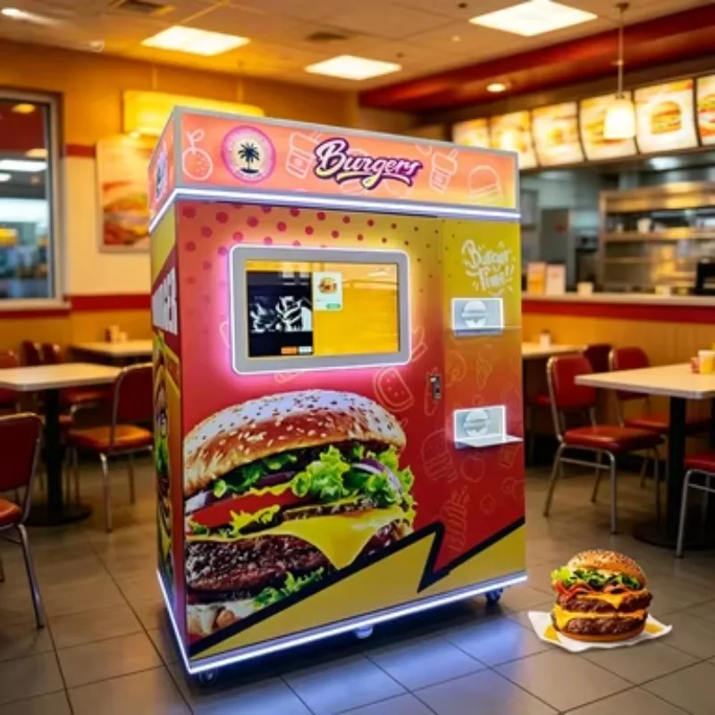 Double cabinet hot burger vending machine with elevator system and microwave oven, automatic French fries vending machine
