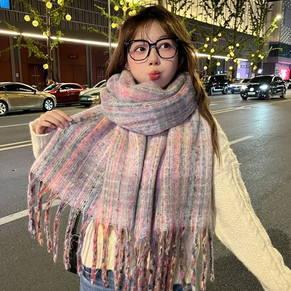 Korean Style Plaid Mohair Scarf Thickened Windproof Winter Cashmere Shawl Long Tassels Keep Warm Imitation Cashmere Scarf