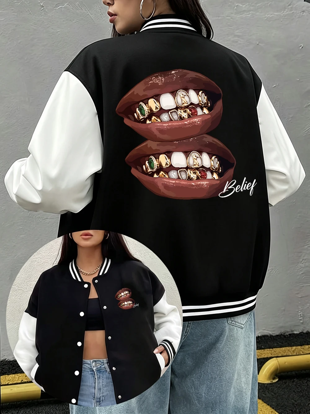 Grillz Hip-Hop Belief Prints Jackets Women Casual Pocket Baseball Jersey Street Loose Coats Winter Fleece Warm Womans Clothes