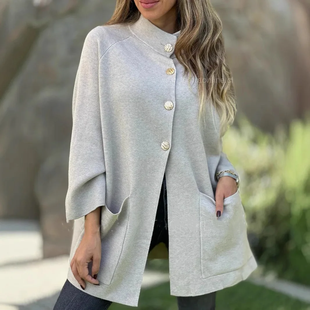

Новая модная куртка с воротником-стойкой на пуговицах, женская осенняя повседневная свободная однотонная вязаная куртка с карманами, верхняя одежда