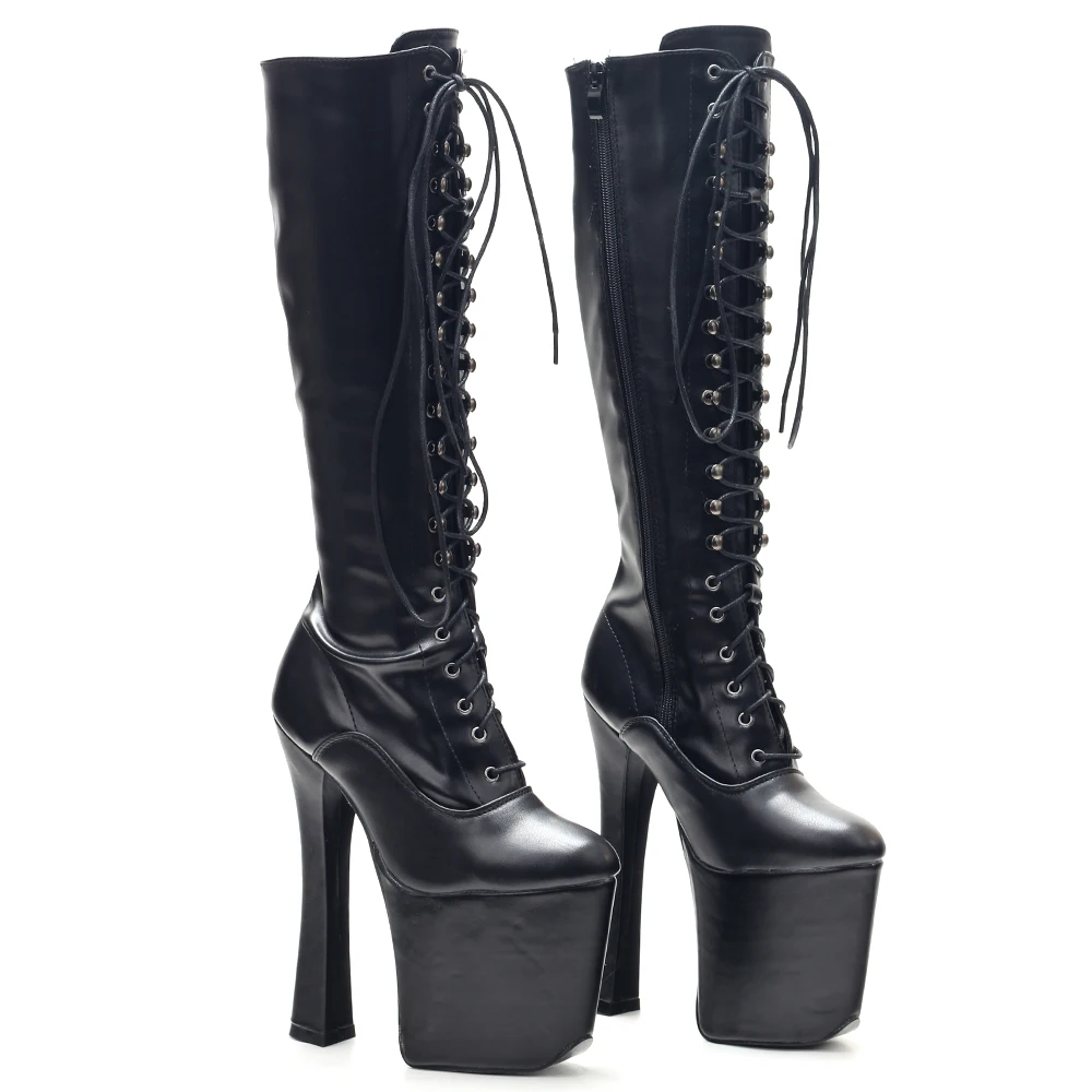 Unisex 20cm Super High Heel + 9cm Platform Boots Women Sexy Fetish Stilettos Cross-tied Patent Leather knee-high boots