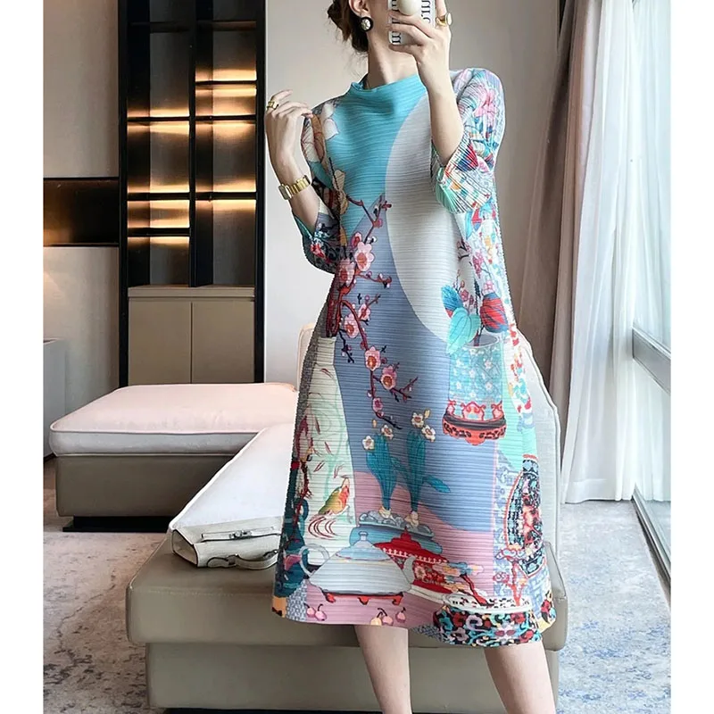 

2025 Women Leisure Round Neck Printing Long Dresses Advanced Female Fashion Vestidos Autumn Ladies New Loose Pleated Maxi Dress