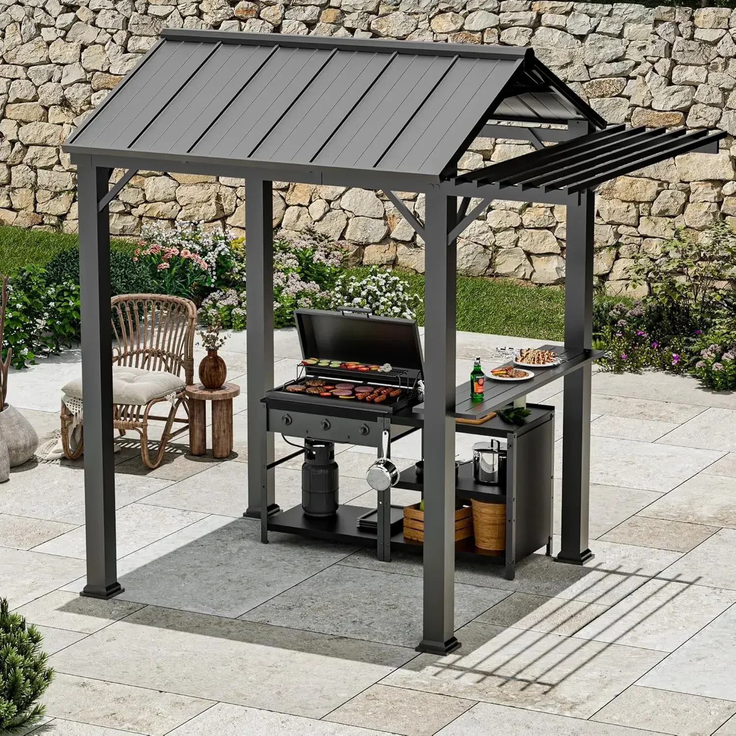 

Grill Gazebo 6' x 8' with Galvanized Steel Roof and Pergola Extension, BBQ Gazebo with UV Blocking & Waterproof, Customized