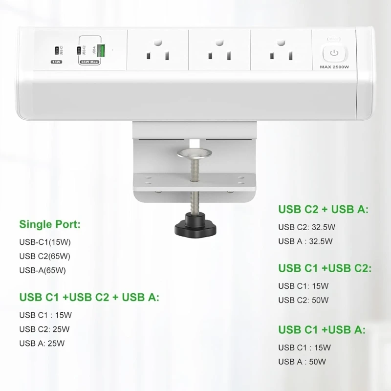 3 Outlet Desk Clamp Power Strips with USB C, Flat Plug Desktop Edges Power Strips, Desk Mount Clamp Socket